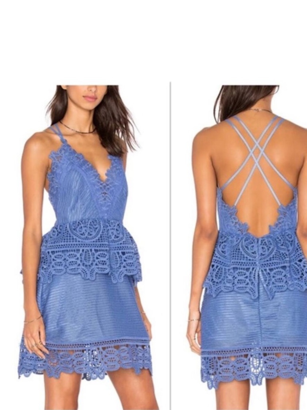 Self-Portrait Blue Lace Peplum Mini Dress with Strappy Open Back